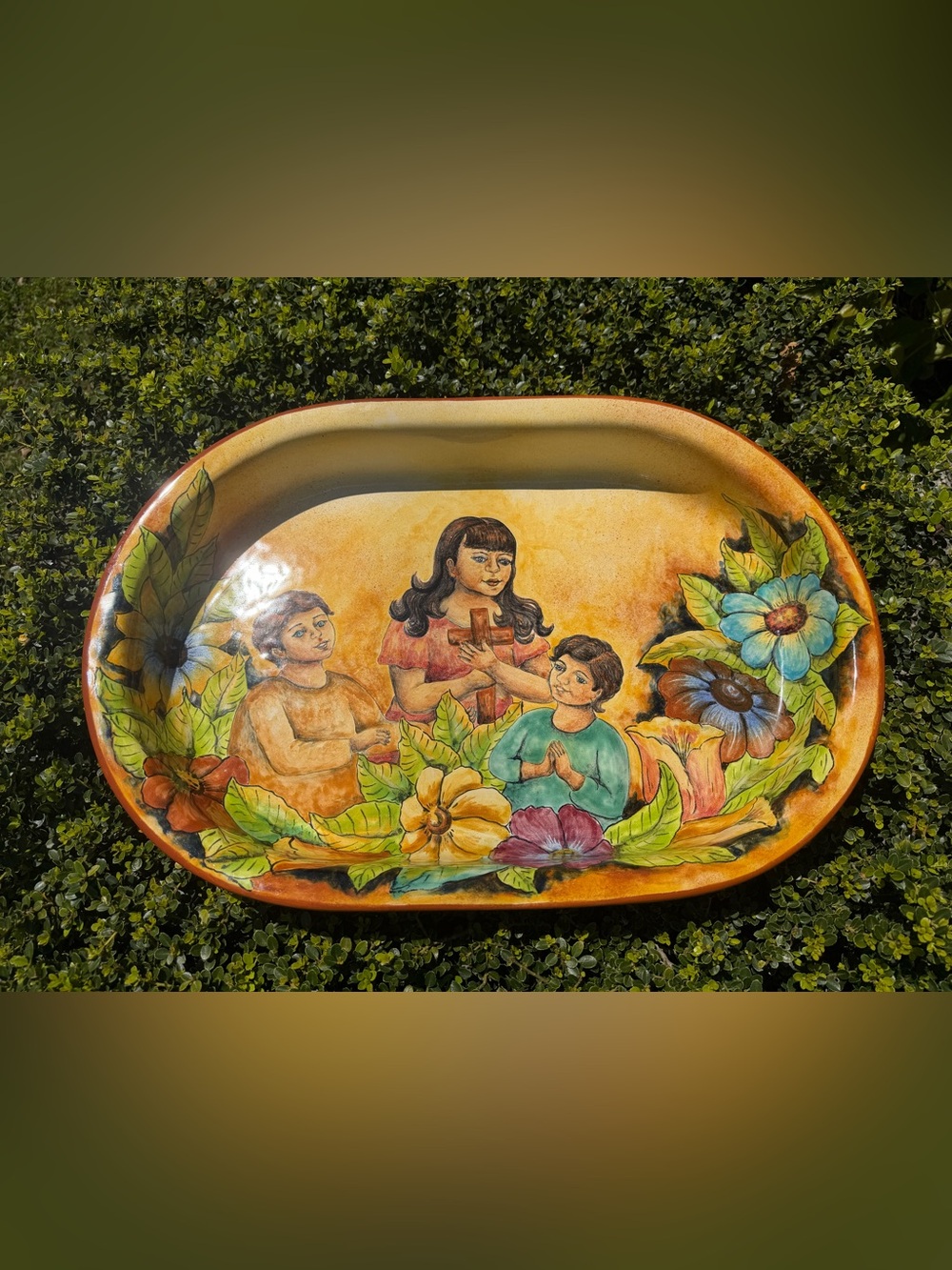 Mexican Folk Art Platter Oval Hand Painted 19.5”Colorful Scene Signed By Artist